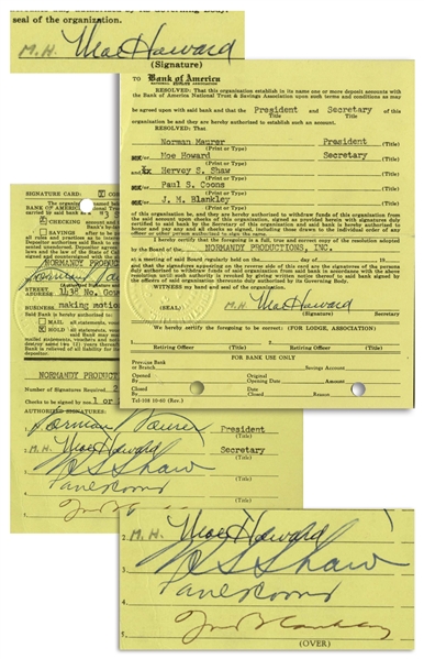 Moe Howard Thrice-Signed Bank of America Document Upon Opening the Bank Account for ''3 Stooges Meet the Martians'' -- Measures 5'' x 6'' -- Near Fine Condition